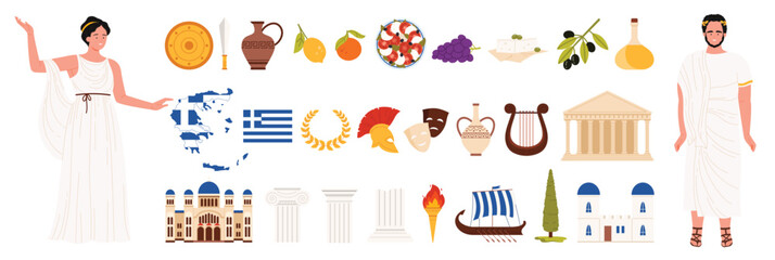 Travel to Greece set. Greek ancient culture heritage landmarks, Mediterranean food wine, traditional clothing, people ancient attire, famous symbols, map flag of Greece cartoon vector illustration