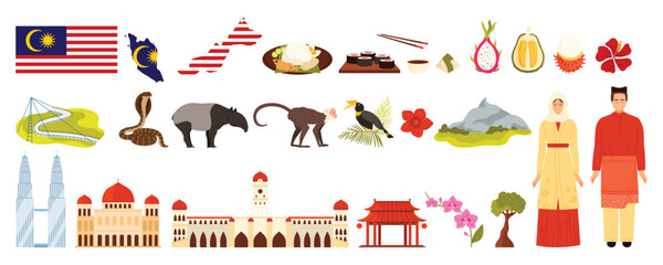 Travel to Malaysia set, culture elements and Malaysian couple in traditional dress, architecture and nature landmarks. Food, buildings of Kuala Lumpur skyline, animals cartoon vector illustration © Flash Vector