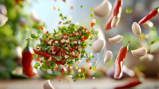 Chili pepper and garlic cloves flying around