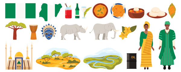Travel to Nigeria, Nigerian culture design elements, food and nature landscape, landmark set. Man and woman in in traditional costume, negroni cocktail and barrel of oil cartoon vector illustration