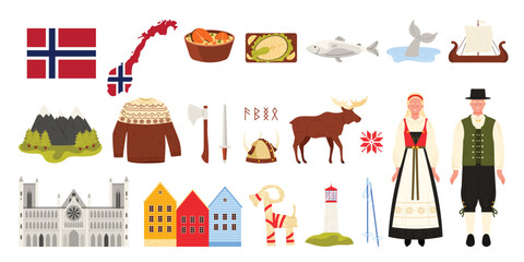 Travel to Norway set, Norwegian people, culture elements and nature, landmarks and food. Nidaros Cathedral and traditional colorful houses of Bergen, Lutefisk and viking cartoon vector illustration