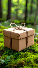 Eco-friendly gift box resting on lush green moss in a forest setting