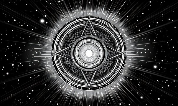Simbolo mistico monocromatico con raggi luminosi