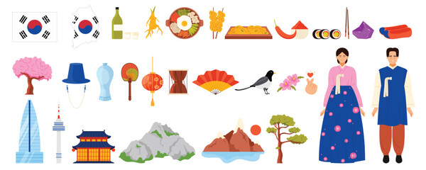 Travel to South Korea set. Culture elements and famous food, Korean people in hanbok costumes, and Gyeongbokgung Palace, Jeju Island and Liancourt Rocks scenery, bibimbap cartoon vector illustration