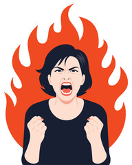 Woman Screaming with Intense Emotion Against a Bold Fire Background in Vibrant Clipart Style