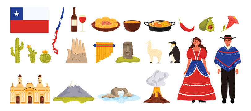 Travel to Chile set. Infographic stickers with animals and plants in national nature parks, Chilean people in traditional costumes, mountains and volcano, food and wine cartoon vector illustration