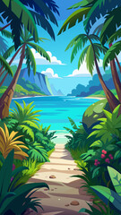 Fototapeta premium Tropical Jungle Path to Hidden Beach with Clear Blue Sea and Bright Sky 