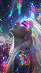Beautiful woman in futuristic costume over night trance festival background. Portrait of young girl in modern headphones listening music. AI Generative