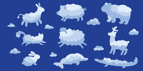 Funny clouds of different animal shape set. Fluffy white bear deer crocodile dolphin bunny sheep pig cat flying on blue sky background, creative cloudy weather elements cartoon vector illustration