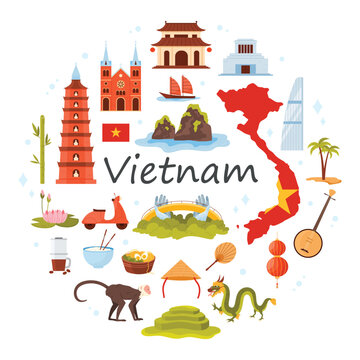 Travel to Vietnam set, culture elements and landmarks, food in round infographic banner. Map and flag of country, Ho Chi Minh Mausoleum, Pho Noodle soup, Saigon Cathedral cartoon vector illustration
