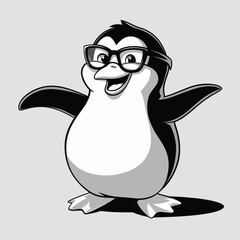 A playful illustration of a cartoon penguin wearing glasses and smiling widely. This charming design captures the fun and quirky personality of the penguin, making it perfect for children's products.