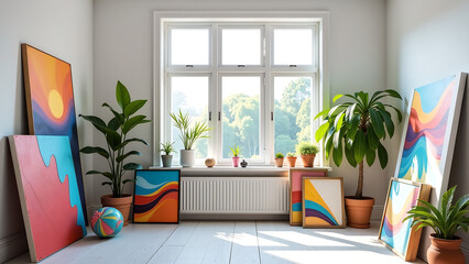 bright studio window frames eclectic mix vibrant paintings sculptures canvases stark white