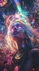 Beautiful woman in futuristic costume over night trance festival background. Portrait of young girl in modern headphones listening music. AI Generative