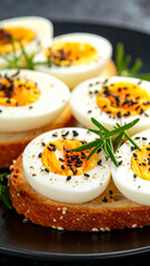 Obraz premium Sliced boiled eggs with black sesame seeds toppings on toasted bread with rosemary
