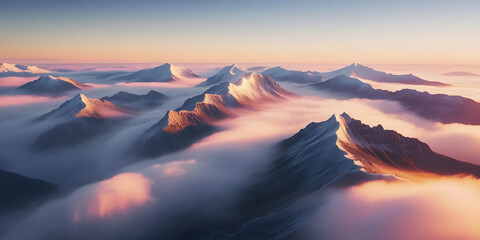 Aerial View of Majestic Mountains at Sunrise with Pink and Purple Hues

