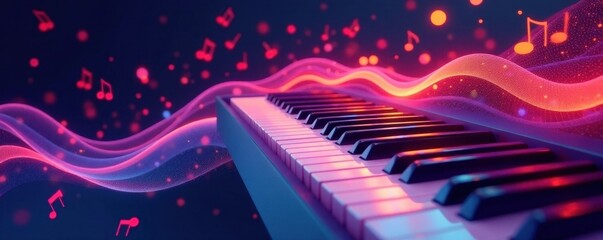 Abstract wavy piano keys, musical notes flowing , fantasy, octave, piano keys