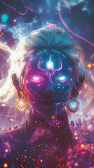 Beautiful woman in futuristic costume over night trance festival background. Portrait of young girl in modern headphones listening music. AI Generative