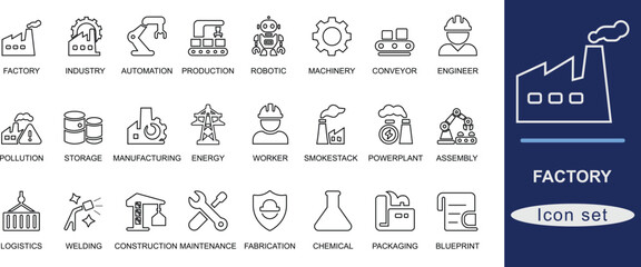 Line art factory icon set. Features 28 simple, flat, solid black icons representing industry, automation, machinery, production, logistics, safety, and manufacturing for modern UI and design projects.