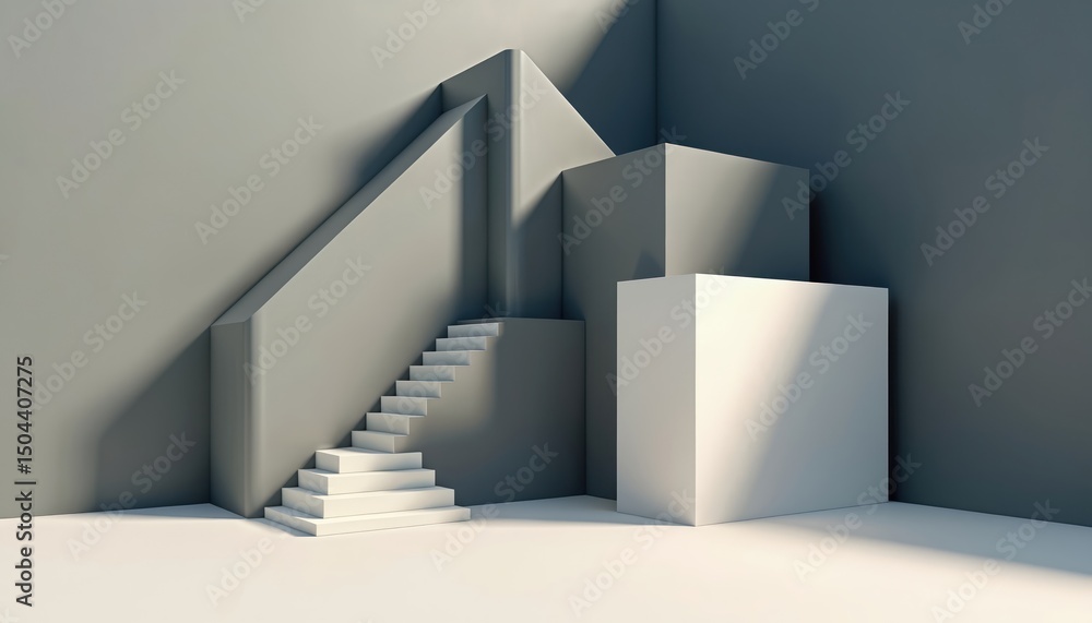 Poster 3d rendering of modern abstract architecture with stairs, geometric shapes. minimalist building conc