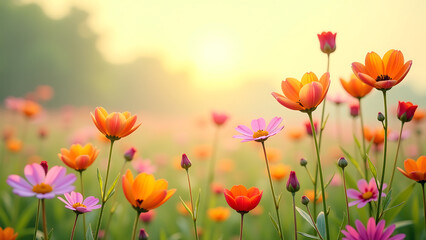 Naklejka premium sea vibrant wildflowers sway gently breeze delicate petals slender stems set soft diffused light