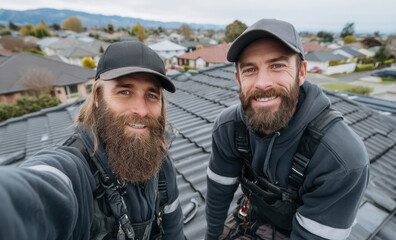 Fototapeta premium Two smiling roofers taking selfie on house roof with black tiles, professional photo
