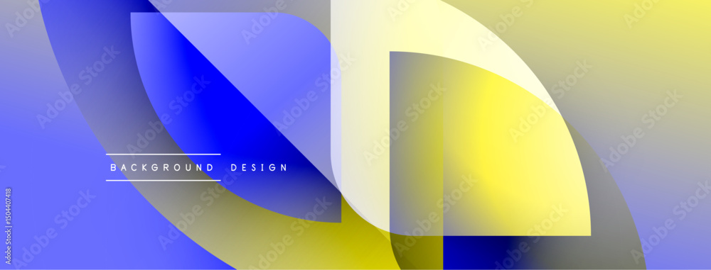 Poster Abstract geometric shapes overlap. Blue, yellow gradients create dynamic visual effect. Modern design elements present clean aesthetic.
