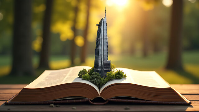 sleek futuristic skyscraper rises pages worn book set warm golden light filtering tall
