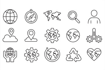 Minimalist Line Art Icons for Geography, Environmental Systems, and Global Care