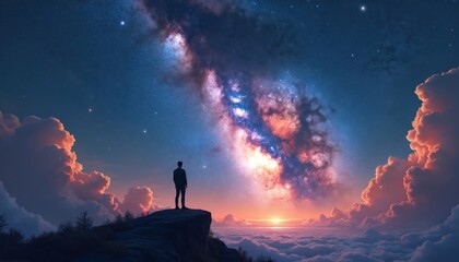 Fototapeta premium Silhouette man stands mountain peak looks at Milky Way galaxy night sky. Starry cosmos scenic view above clouds, sunset, sunrise. Beautiful landscape, person at the edge, universe.