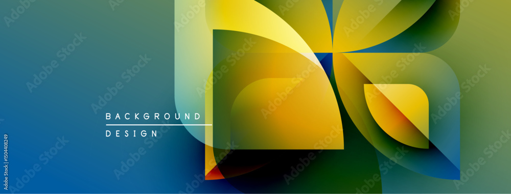 Poster abstract geometric shapes overlap, creating vibrant color gradients. blue transitions to green, yell