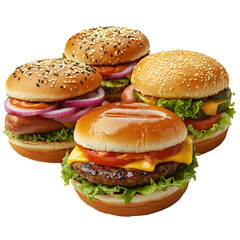 A view of four burgers and a hotdog sandwich with various toppings on a black background close up
