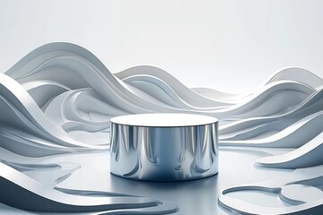 Metallic podium floating on water waves. Futuristic Chrome Podium with Fluid Abstract Background. and  luxury, elegance, and minimalist design.