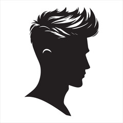 Black silhouette of a modern men's hairstyle with sharp edges, clean lines on a pure white background 