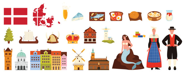 Fototapeta premium Travel to Denmark, national culture and landmark stickers set. Traditional colorful houses of Copenhagen, viking hat and boat, map and flag, food and people of country cartoon vector illustration