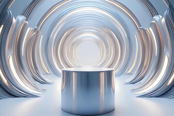 Metallic podium floating on water waves. Futuristic Chrome Podium with Fluid Abstract Background. and  luxury, elegance, and minimalist design.