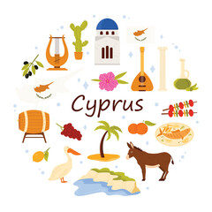 Travel to Cyprus set, culture elements and landmarks, food in round infographic banner. Map and flag of island country Souvla and grilled fish, grape wine barrel in circle cartoon vector illustration
