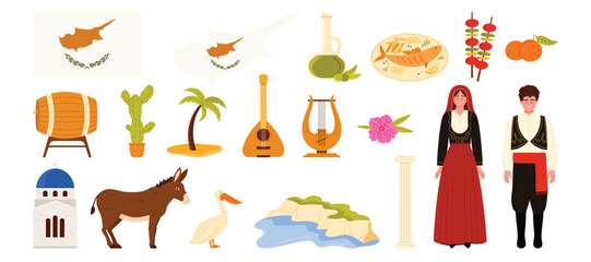 Travel to Cyprus set, culture elements and landmarks of country, food for tourists. Cyprus people in national costumes, flag and map, Cape Greco and Greek monastery, wine cartoon vector illustration