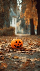 Pumpkin With a Carved Face in a Forest During Autumn Season Surrounded by Fallen Leaves