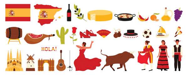 Travel to Spain, famous culture elements, food and landmarks heritage set. Flag and map, Spanish people in national costumes, flamenco dancer and bullfighter with bull cartoon vector illustration