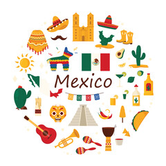Travel to Mexico round infographic banner design. Mexican man mustache and sombrero, poncho and carnival party maracas, history and culture landmarks, cactuses in circle cartoon vector illustration