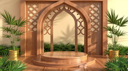 Fototapeta premium A 3D rendering of a luxurious product display platform with a wooden archway.