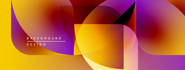 Abstract geometric shapes overlap, creating vibrant color gradients. Yellows, oranges, purples dominate composition. Modern design element.