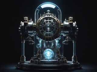 Intricate steampunk-style time machine with glowing elements under a glass dome.