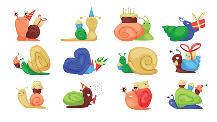 Cute snails give gifts for birthday party set. Funny slugs with shells of different colors crawling with box and birthday cake, cupcake and letter of congratulations cartoon vector illustration