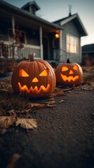 Pumpkins Lit for Halloween in a Cozy Neighborhood on an Autumn Evening
