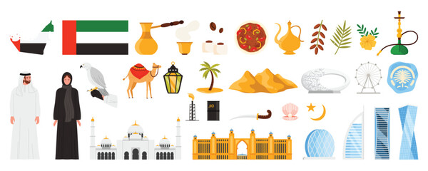 Cartoon vector illustration sticker set featuring travel to the UAE, with iconic landmarks and cultural symbols. Includes Dubai skyscrapers, mosque, camel, Muslim people, UAE map, and national flag.