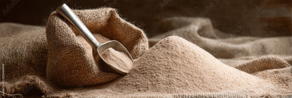 Poster Sack of Dry Mix With Measuring Scoop Against a Clean Background Showcasing a Culinary Preparation Setting in a Rustic Kitchen