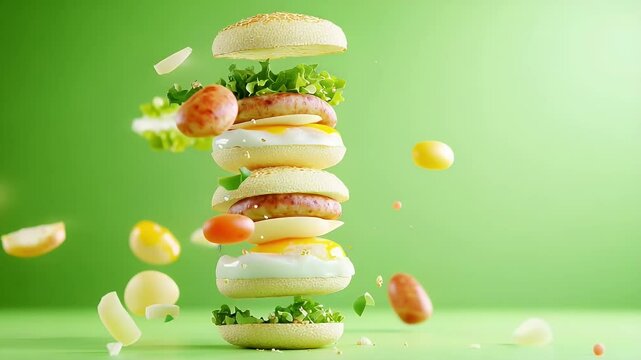 Exploding burger with flying ingredients