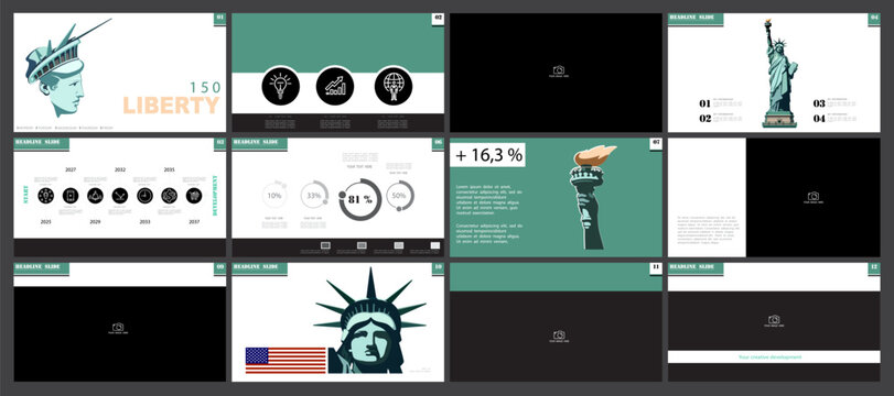 Business banner, presentation of the Statue of Liberty. Welcome to business New York. USA Independence Day. Green template design, holiday.National symbol of America advertisement. Vector illustration