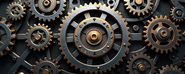 Close-up of gear with gold center. Cogwheels create intricate industrial machine. Metallic cog, sprockets, pinion, transmission, power motion. Engineering, manufacturing, workshop, factory.